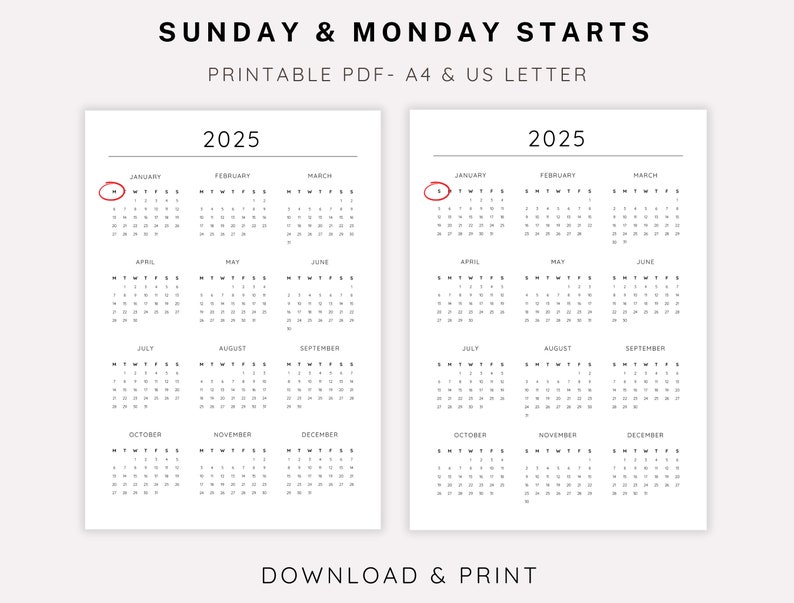2025 Year Calendar, Printable PDF, Wall Calendar, Year at a Glance ...