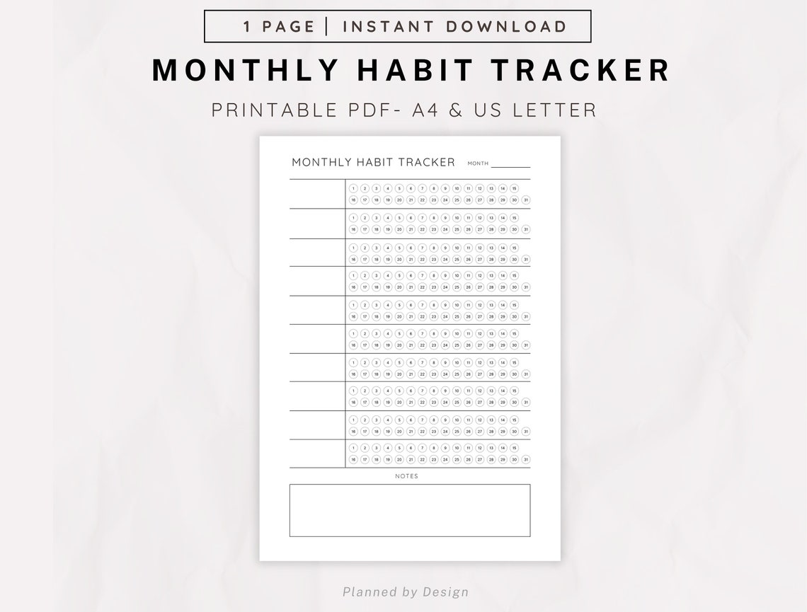 Monthly Habit Tracker, Printable PDF, Planner, Habit Planner Template