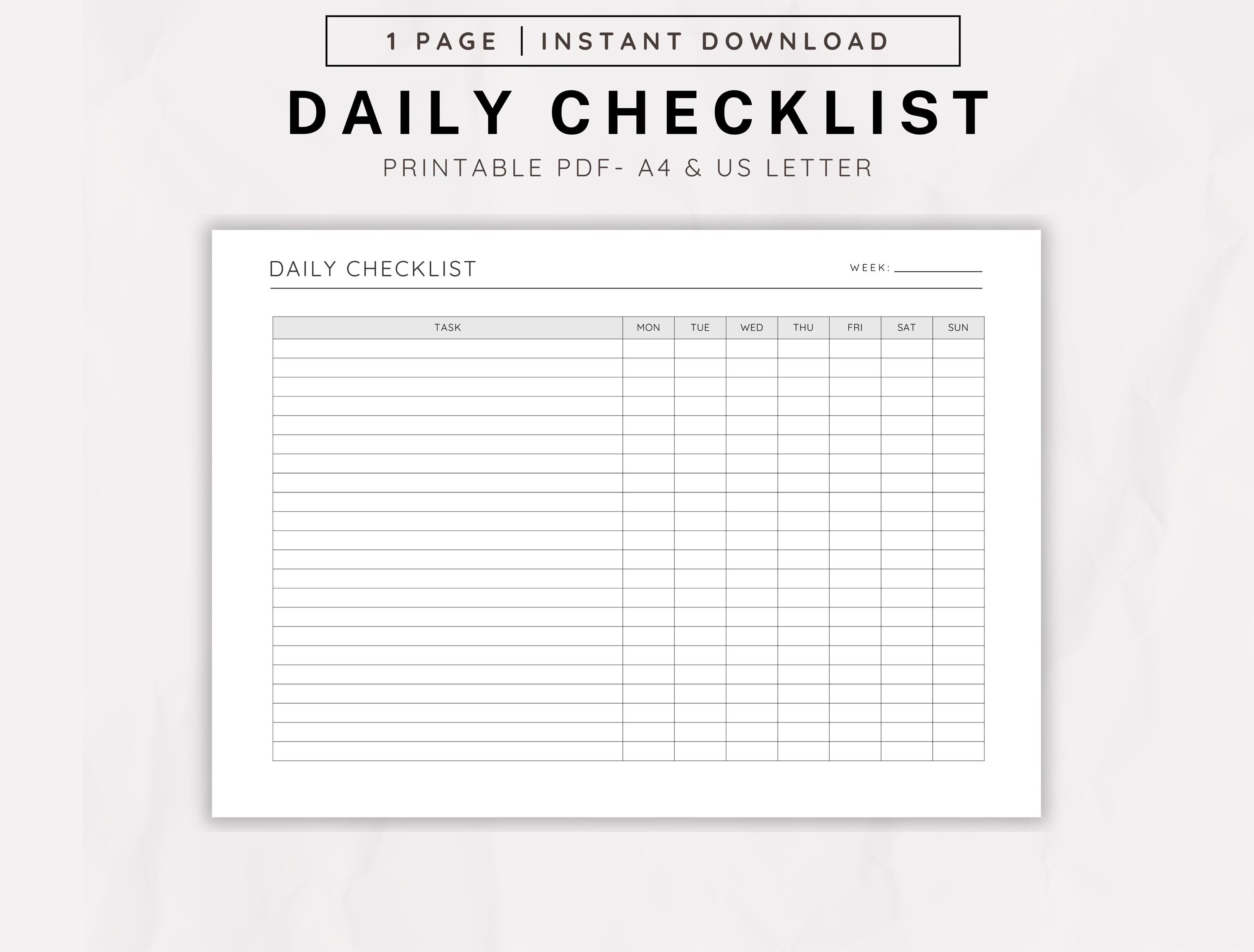 Daily Checklist, Weekly Checklist, Printable PDF, Checklist Template ...