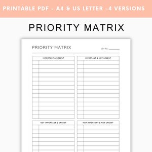 Priority Matrix, Decision Matrix, Eisenhower Matrix, Priorities Planner, Task Organizer Template, Printable PDF, Portrait, A4, US Letter