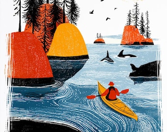 Kayak Note Cards Set of 10, Kayaking Gift, Paddler Greeting Cards, Kayaker Birthday & Thank You, Blank with Envelopes, Folk Art