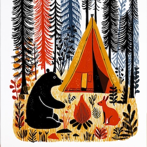 May include: Greeting card featuring a camping scene. A black bear sits near a campfire and a red rabbit. An orange tent is in the center, with tall trees in the background. A yellow sun is in the upper right corner.