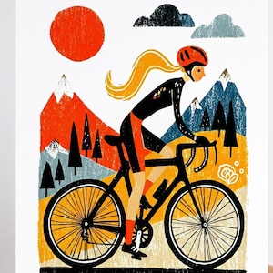 Cycling Gift for Women, Set of 10 Note Cards, Women Cyclist Greeting Cards, Road Bike Birthday & Thank You, Blank, Folk Art
