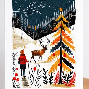 May include: A greeting card featuring a stylized illustration of a person in a red plaid jacket and dark skirt walking through a snowy landscape with a deer, a tall orange and black Christmas tree with red ornaments, and a dark starry sky.