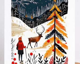 Hiking Christmas Cards Set of 10, Hiker Gift, Outdoor Holiday Greeting Cards, 10 Winter Trail Designs, Blank Inside, Folk Art
