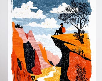 Hiking Note Cards Set of 10, Hiker Gift, Hiking Greeting Cards, Mountain Adventure Birthday & Thank You, Blank, Folk Art