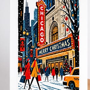 Chicago Christmas card standing upright, the Chicago Theatre marquee glowing over State Street in the snow