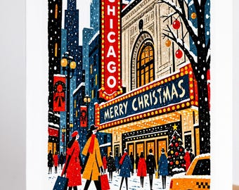 Op de afbeelding: Een wenskaart met een gestileerde illustratie van een besneeuwd straatbeeld in Chicago bij nacht. De afbeelding toont een theater met een verticaal bord met de tekst CHICAGO en een luifel met de tekst MERRY CHRISTMAS, omringd door voetgangers.