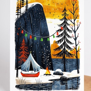 Camping Christmas Card | Tent and Canoe Under String Lights | Camper Gift | Folk Art Holiday Card | Blank Inside
