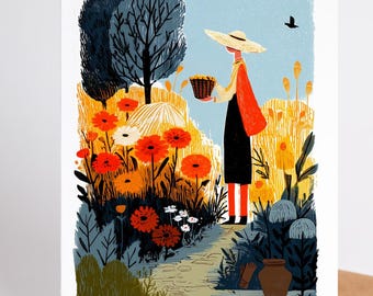 May include: A greeting card featuring an illustration of a person in a garden. The person wears a straw hat, red cape, and black dress, holding a basket. The garden has orange and white flowers, a path, and a blue sky.