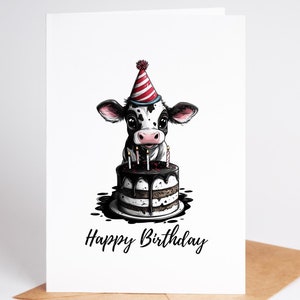 Carte d'anniversaire Vache adorable – Vierge à l'intérieur sur du papier cartonné premium | Carte d'anniversaire pour elle | Carte d'anniversaire pour lui | Enveloppe incluse