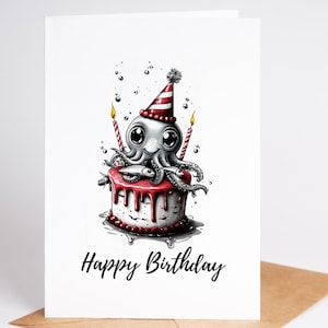 Carte d'anniversaire personnalisée de pieuvre drôle | carte de visite personnalisée | Pieuvre stupide sur un gâteau | Blanc à l'intérieur | Papier cartonné premium avec enveloppe