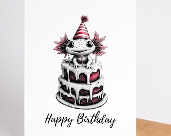 Adorable Axolotl Birthday Card – 5x7 Blank Inside on Premium Cardstock with Craft or White Envelope for All Ages