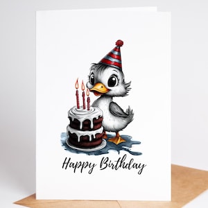 Adorable carte d'anniversaire canard - Intérieur vierge sur papier cartonné premium