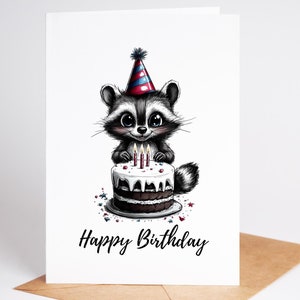 Adorable faire-part d'anniversaire raton laveur : carte intérieure vierge de 5 x 7 pouces sur papier cartonné haut de gamme avec créations artisanales ou enveloppe blanche pour toute célébration