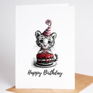 Adorable carte d'anniversaire tigre pour enfants et adultes, intérieur vierge sur papier cartonné haut de gamme avec enveloppe incluse | Carte de voeux amusante sur le thème des animaux