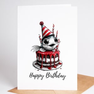 Carte d'anniversaire poisson fantaisiste - intérieur vierge sur papier cartonné premium avec enveloppe avec un design de gâteau amusant