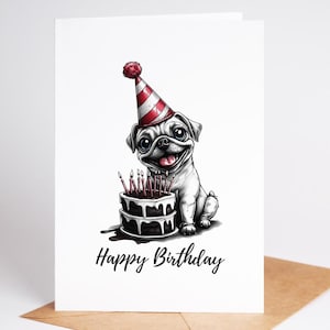 Adorable carte d'anniversaire carlin imprimée sur du papier cartonné de qualité supérieure, vierge à l'intérieur, parfaite pour les amoureux des chiens et les propriétaires d'animaux de compagnie de tous âges