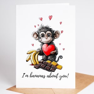 Tarjeta de aniversario o de amor con forma de mono / Estoy loca por ti / Tarjeta divertida con forma de animal / Linda tarjeta romántica para él o para ella