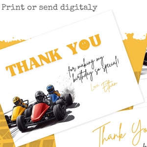 Go-Kart Geburtstags-Dankeskarten | Bearbeitbar Rennauto-Themaparty Danke | Personalisierte Kids Racing Geburtstagsparty Dankeskarte