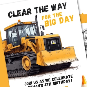Bouw verjaardagsuitnodiging bewerkbare sjabloon | Bulldozer-thema direct downloaden | Afdrukbare feestuitnodiging voor jongens en meisjes