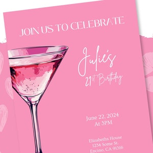 Invitación de cumpleaños número 21 para mujeres / Invitación a una fiesta con temática de martini / Tarjeta editable para celebrar un cóctel / Descarga digital