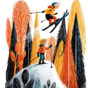 Skiing Greeting Cards Set: Hand-Drawn Winter Holiday Notecards