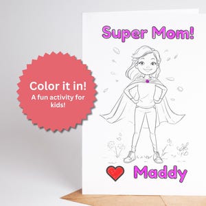 Tarjeta para colorear personalizada para el Día de la Madre / Tarjeta personalizada de mamá superhéroe / Regalo de súper mamá de los niños / Actividad del Día de la Madre / Para mamá o abuela
