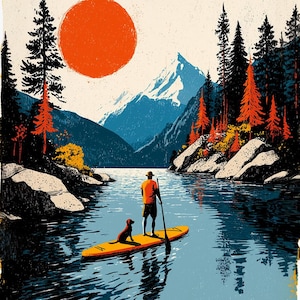 May include: Greeting card featuring a scenic illustration of a person paddleboarding with a dog on a lake. The artwork includes a vibrant orange sun, mountains, and trees in shades of blue, green, and orange. The card is on a white background.