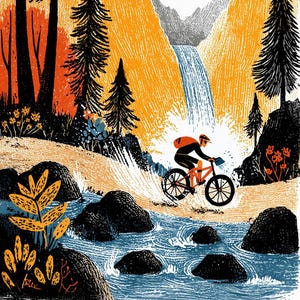 May include: A greeting card featuring a mountain biking scene. The illustration depicts a cyclist riding through a river, with a waterfall, orange sun, and trees in the background. The color palette includes orange, blue, black, and white.