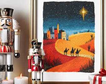 Christmas Nativity Art Prints | Religious Wall Decor | Three Wise Men, Angel, Cross & Holy Family Faith-Inspired Christmas Gift