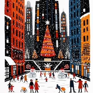 Pode incluir: Cartão de Natal com uma cena de cidade nevada com uma árvore de Natal decorada e patinadores. Os edifícios são laranja, azuis e pretos. Bonecos de neve e figuras estão espalhados. O cartão está em um envelope marrom.