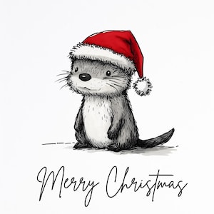 Otter Christmas Cards Set | Cute Holiday Greeting Cards | Santa Hat Otter Christmas Cards | Merry Christmas Animal Card set of 10