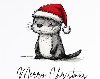 May include: A white Christmas card featuring a cute otter wearing a red Santa hat. The otter is gray and white with black eyes and whiskers. The words "Merry Christmas" are written in cursive below the otter.