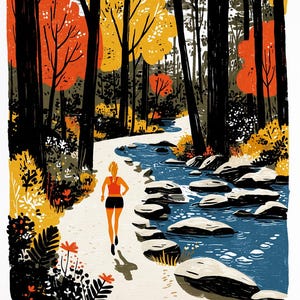 May include: Greeting card featuring an illustration of a runner on a path through a forest. The scene includes a stream, trees with orange and yellow leaves, and a white path. The card is on a brown envelope.
