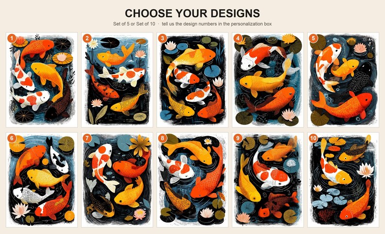 Folk art koi fish pond note card