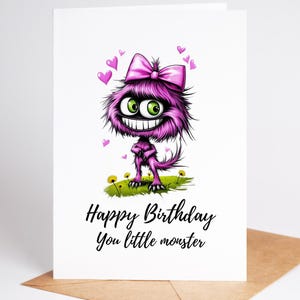 Girl Monster Birthday Card with 3D Glow-in-the-Dark Googly Eyes – Funny Pink Monster Birthday Card for Kids – Cute Happy Birthday Card
