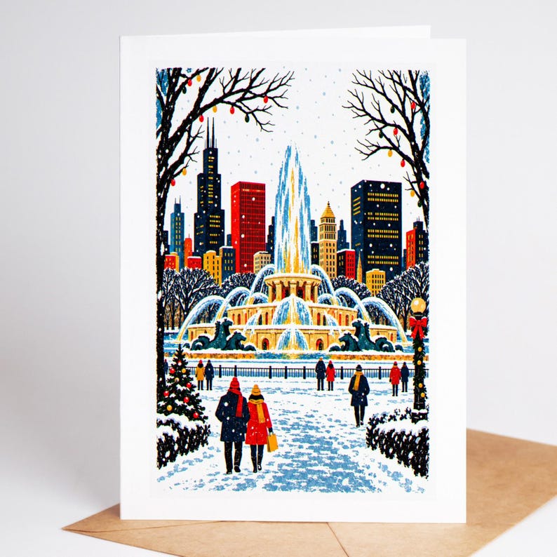 Chicago Christmas card standing upright, Buckingham Fountain ringed with lights on a winter evening