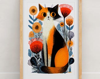Calico Cat Floral Art Print: Botanical Cat Illustration, Modern Folk Art Wall Decor, Calico Cat Gift, Cat Lover Poster