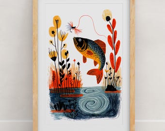 Fly Fishing Art Print | River & Trout Wall Art | Folk Art Angler Poster | Cabin Lodge Decor | Gallery Wall | 8x10 or 11x14