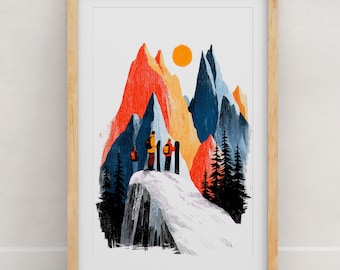 Snowboarding Art Print | Mountain Snow Wall Art | Folk Art Snowboarder Poster | Ski Lodge Decor | 8x10 or 11x14