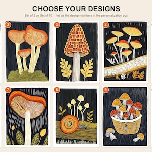 Folk art mushroom greeting card, linocut style