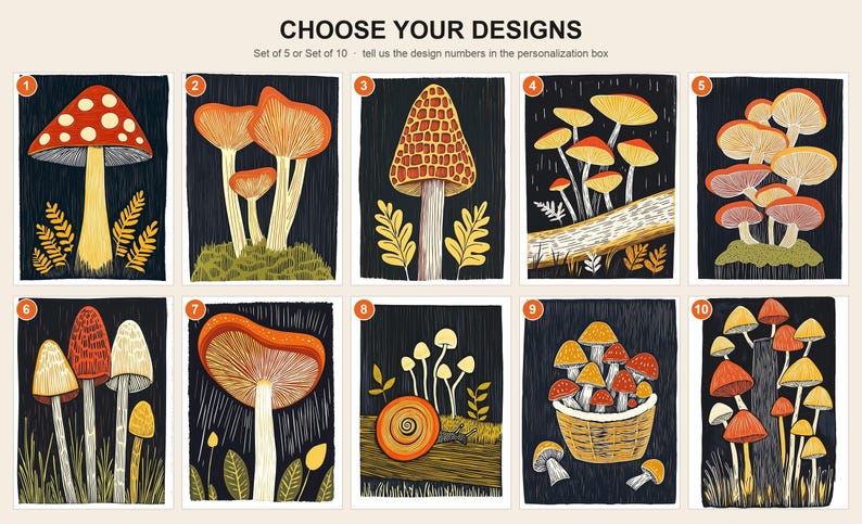 Folk art mushroom greeting card, linocut style