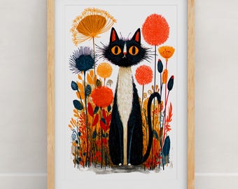 Tuxedo Cat Floral Art Print: Botanical Cat Illustration, Modern Folk Art Wall Decor, Tuxedo Cat Gift, Cat Lover Poster