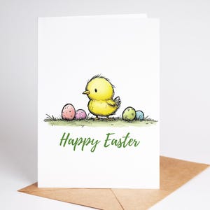 Tarjeta de pollito de Pascua dibujada a mano / Linda tarjeta de felicitación de Pascua en acuarela / Tarjeta de vacaciones de primavera / Ilustración de pollito / Tarjeta con huevo en colores pastel