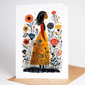 Tarjeta de felicitación de flores silvestres (juego de 4) / 4,25 x 5,5 (tarjetas botánicas en blanco con sobres) / Tarjeta de arte floral de niña en un prado