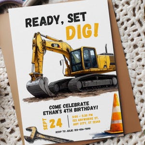 Construction Birthday Invitation: Excavator & Dump Truck Party (Digital Download, 5x7 Template)