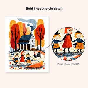 Thanksgiving farmhouse art print beside an enlarged detail of the three children