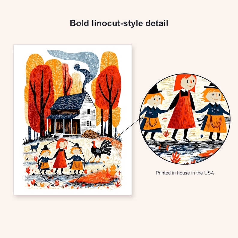 Thanksgiving farmhouse art print beside an enlarged detail of the three children
