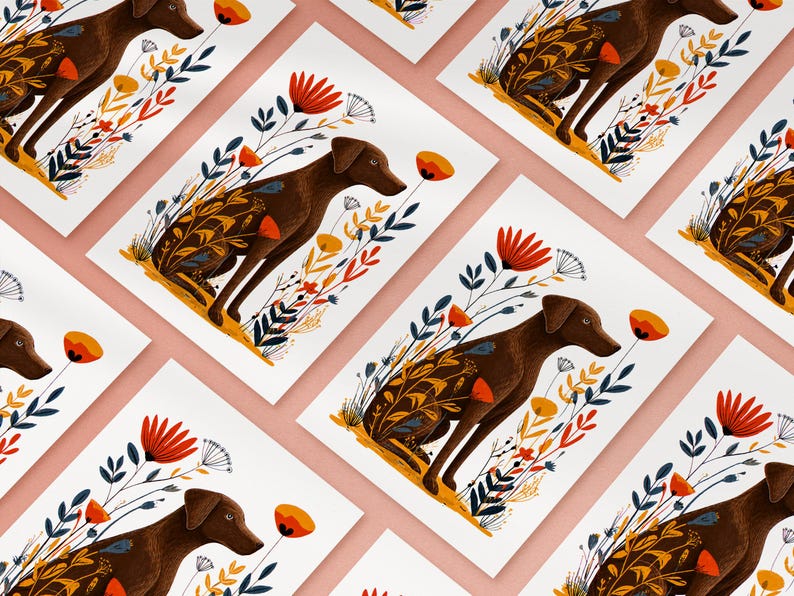 May include: A series of identical art prints featuring a brown dog sitting in a field of stylized flowers. The dog is depicted in profile, surrounded by orange, red, and dark blue botanical illustrations on a clean white background.
